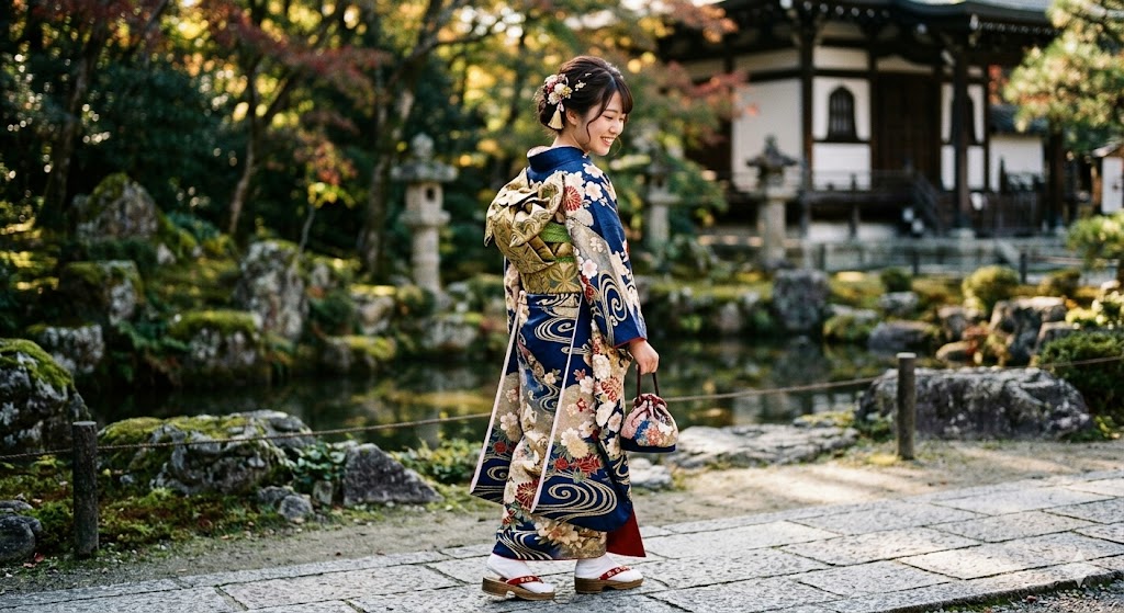 華やかな着物を着た女性の立ち姿
